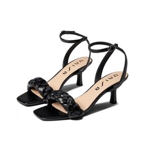 NIB Unisa Natika Braided Strap Open Toe Heels, Size 7.5, Color Black